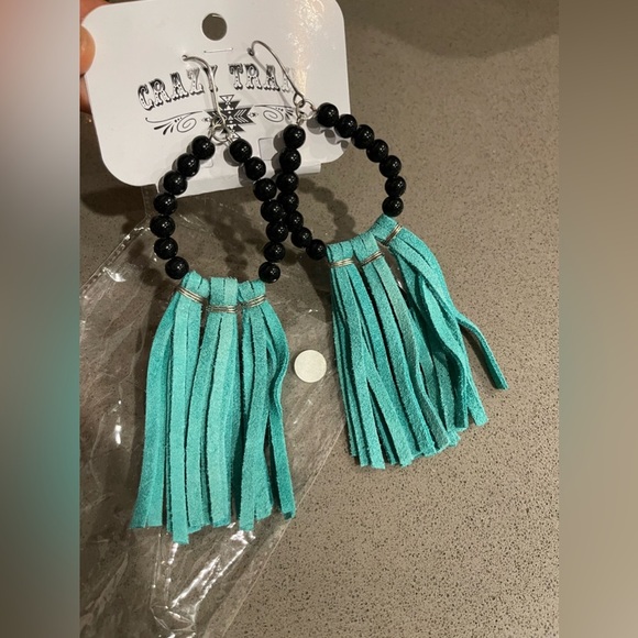 NWT Crazy train turquoise fringe leather bead earrings - Picture 6 of 6